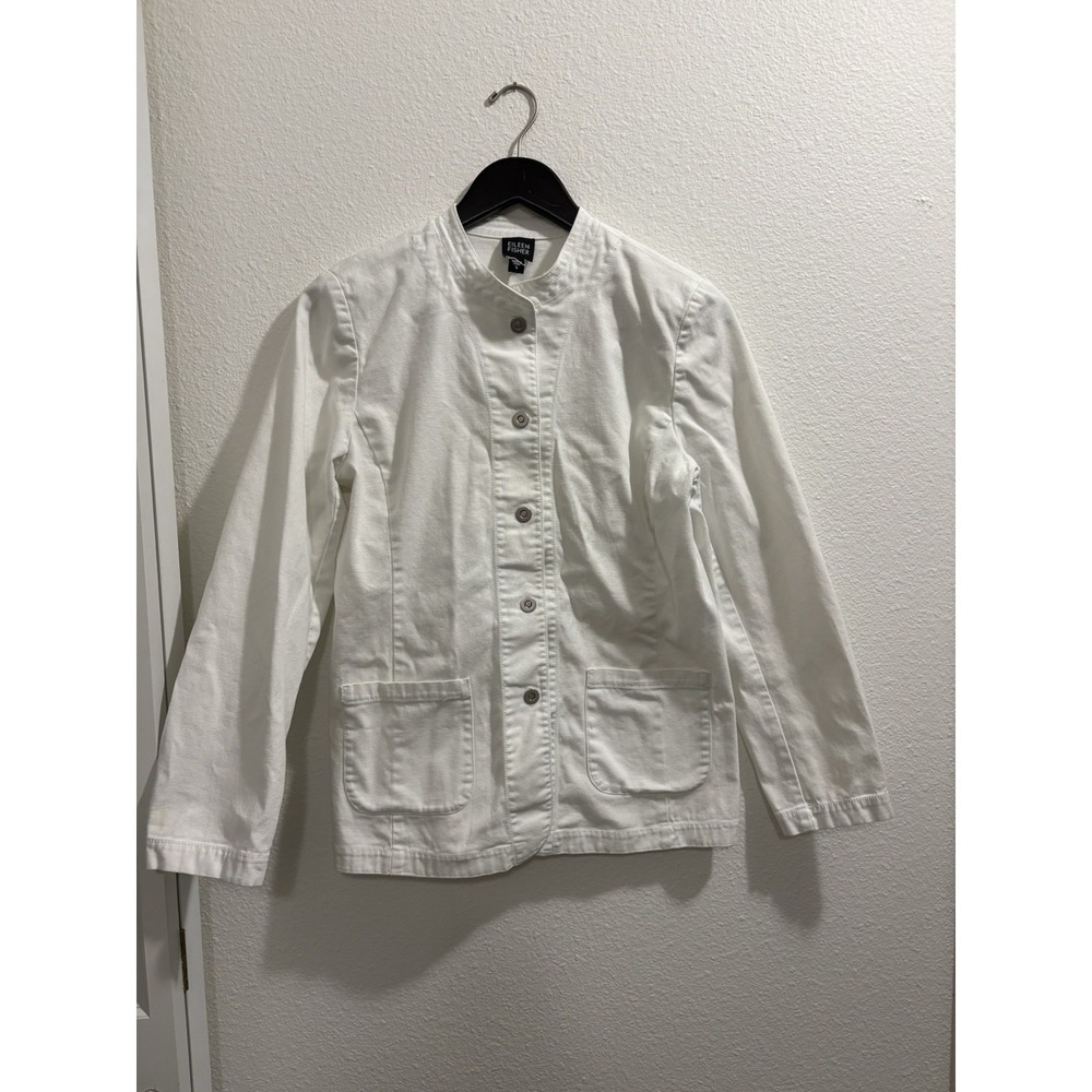 EILEEN FISHER Jacket‎ S Cotton Woven Snap Front Cardigan Mandarin Collar White